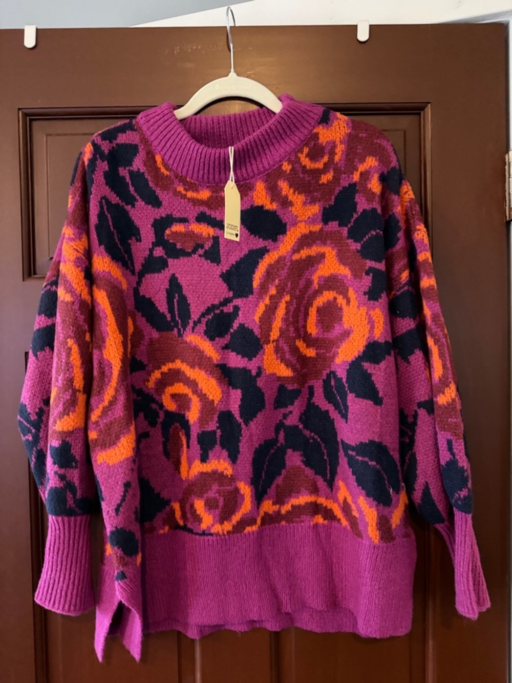 JODIFL Bold Floral Crewneck Sweater in Fuchsia, Orange & Black